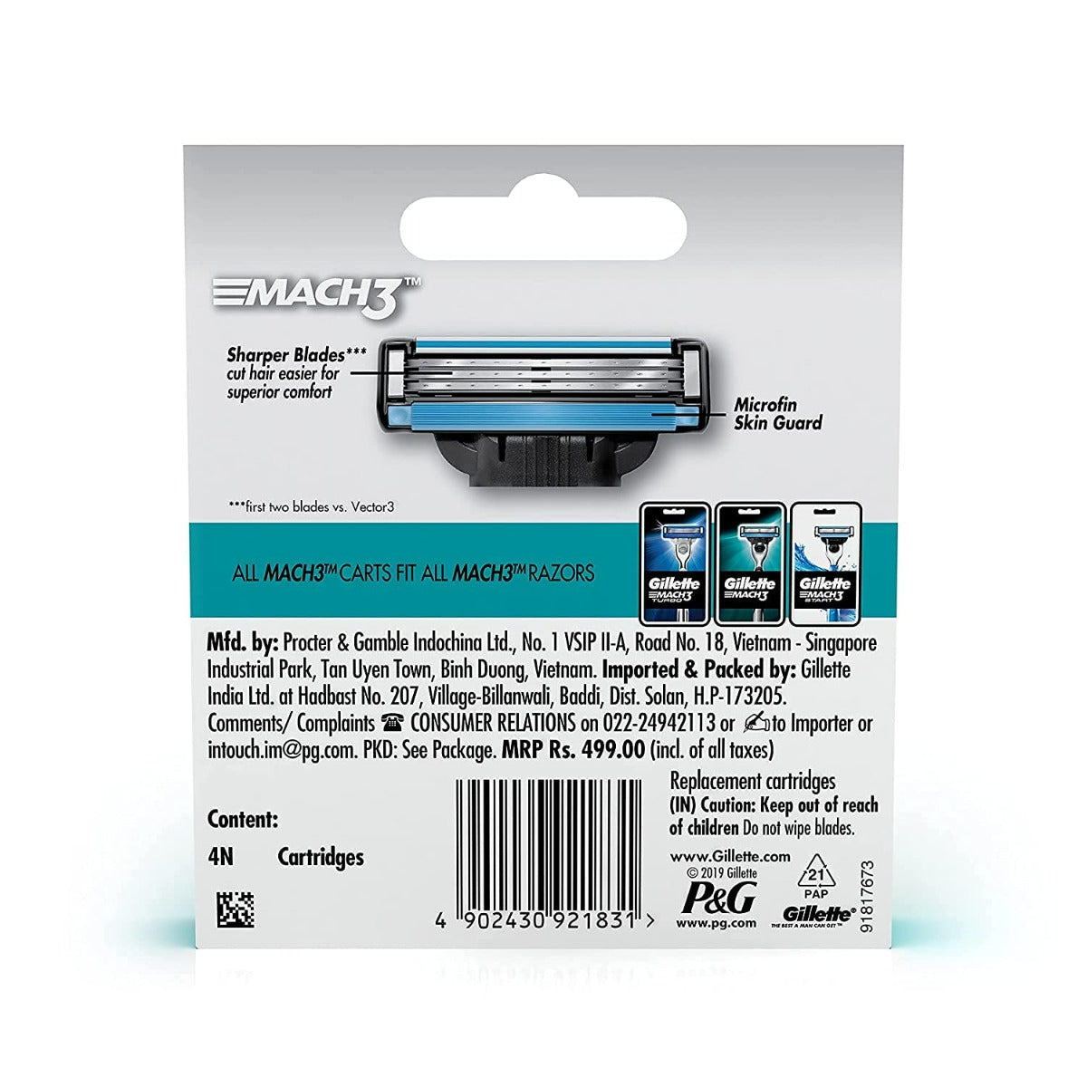 Gillette Mach3 Shaving 3-Bladed Cartridges - Pack of 4