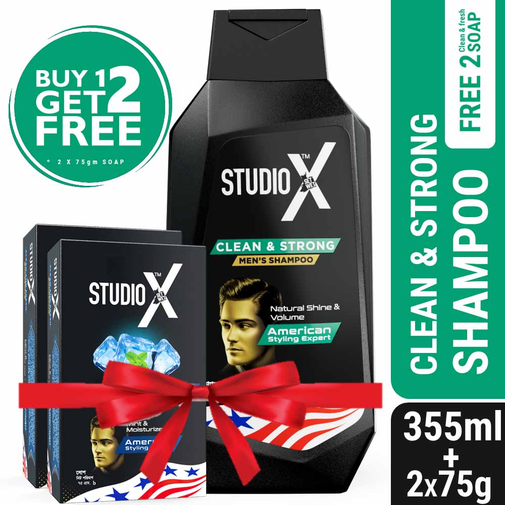 Studio X Clean &amp; Strong Shampoo for Men 355ml (75gm X 2 Soap Free)