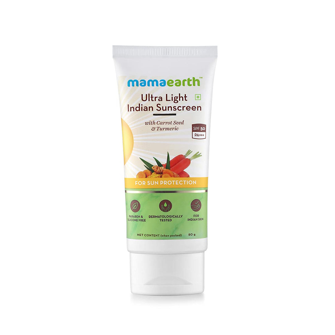 Mamaearth Ultra Light Indian Sunscreen with Carrot Seed, Turmeric and SPF 50 PA+++ (80ml)
