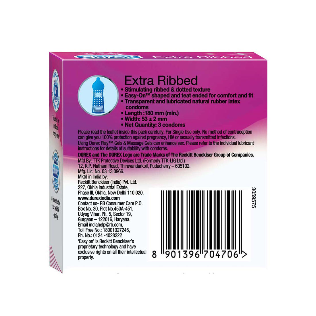 Durex Extra Ribbed Condoms - 3pcs