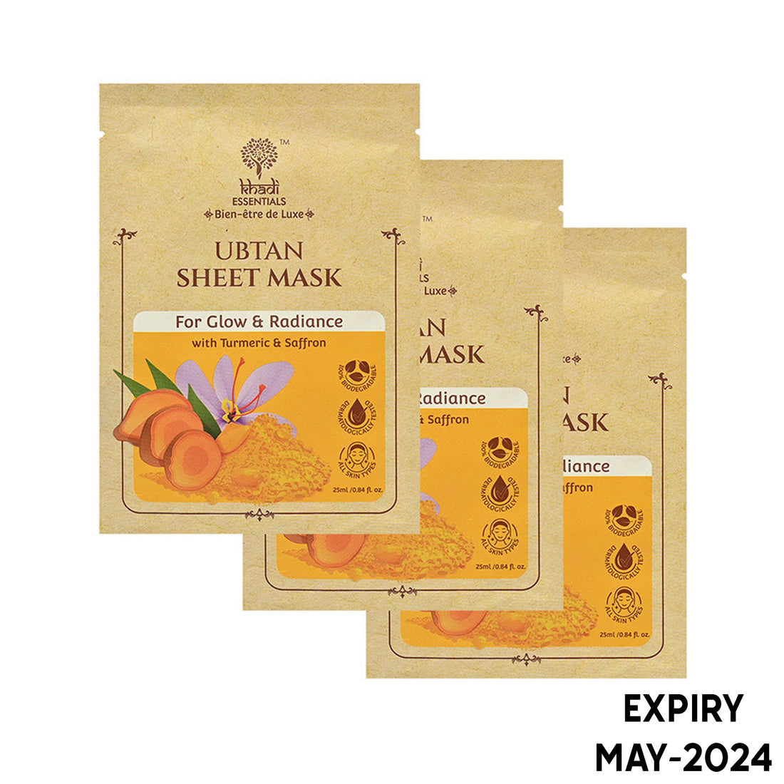 Khadi Essentials Ubtan Sheet Mask with Turmeric For Glow and Radiance (25ml) - Pack of 3