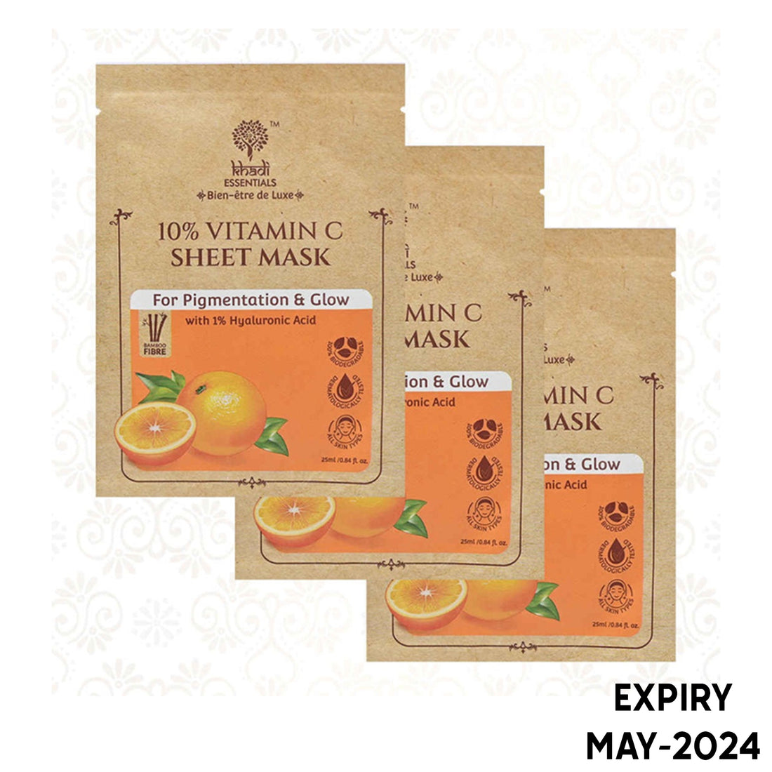 Khadi Essentials 10% Vitamin C With 1% Ha Sheet Mask (25ml) - Pack Of 3
