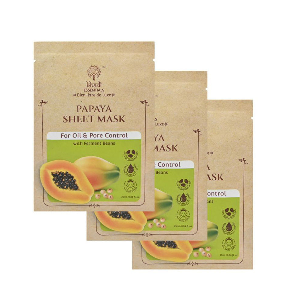 Khadi Essentials Papaya Sheet Mask for Oil and Pore Control (25ml) Pack of 3