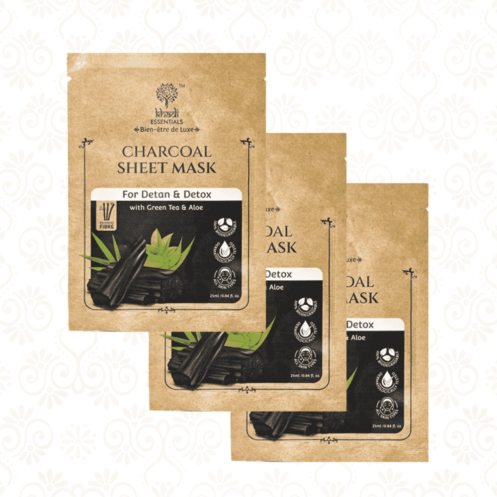 Khadi Essentials Charcoal Sheet Mask for Detan and Detox (25ml)-Pack of 3