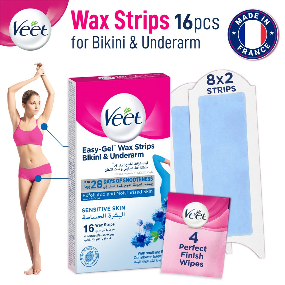 Veet Easy Gel Bikini Line and Underarm 16 Wax Strips For Sensitive Skin