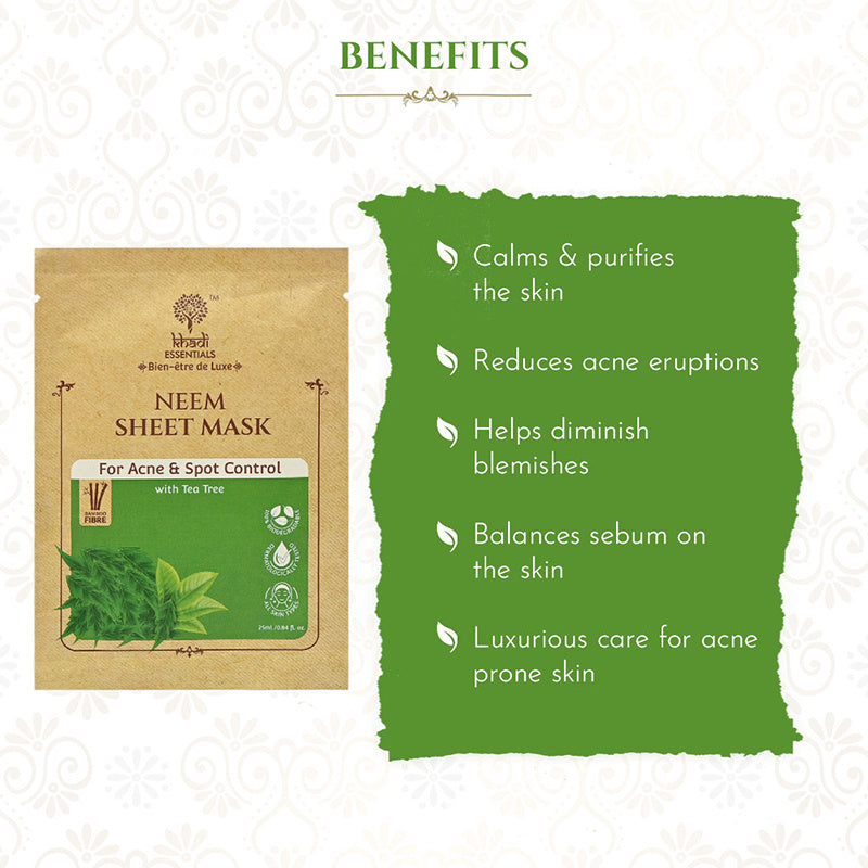 Khadi Essentials Neem Sheet Mask with Tea Tree for Acne and Spot Control (25ml)¬†-¬†Pack¬†of¬†3