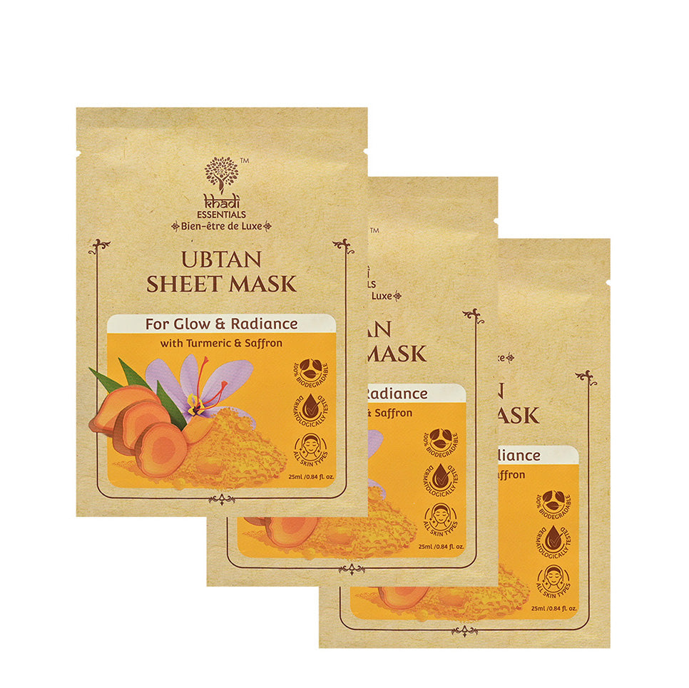 Khadi Essentials Ubtan Sheet Mask with Turmeric For Glow and Radiance (25ml) - Pack of 3