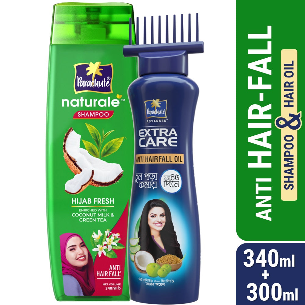 Anti Hair-Fall Bundle - Parachute Anti Hairfall Oil Extra Care 300ml (Root Applier) &amp; Parachute Naturale Shampoo Hijab Fresh 340ml