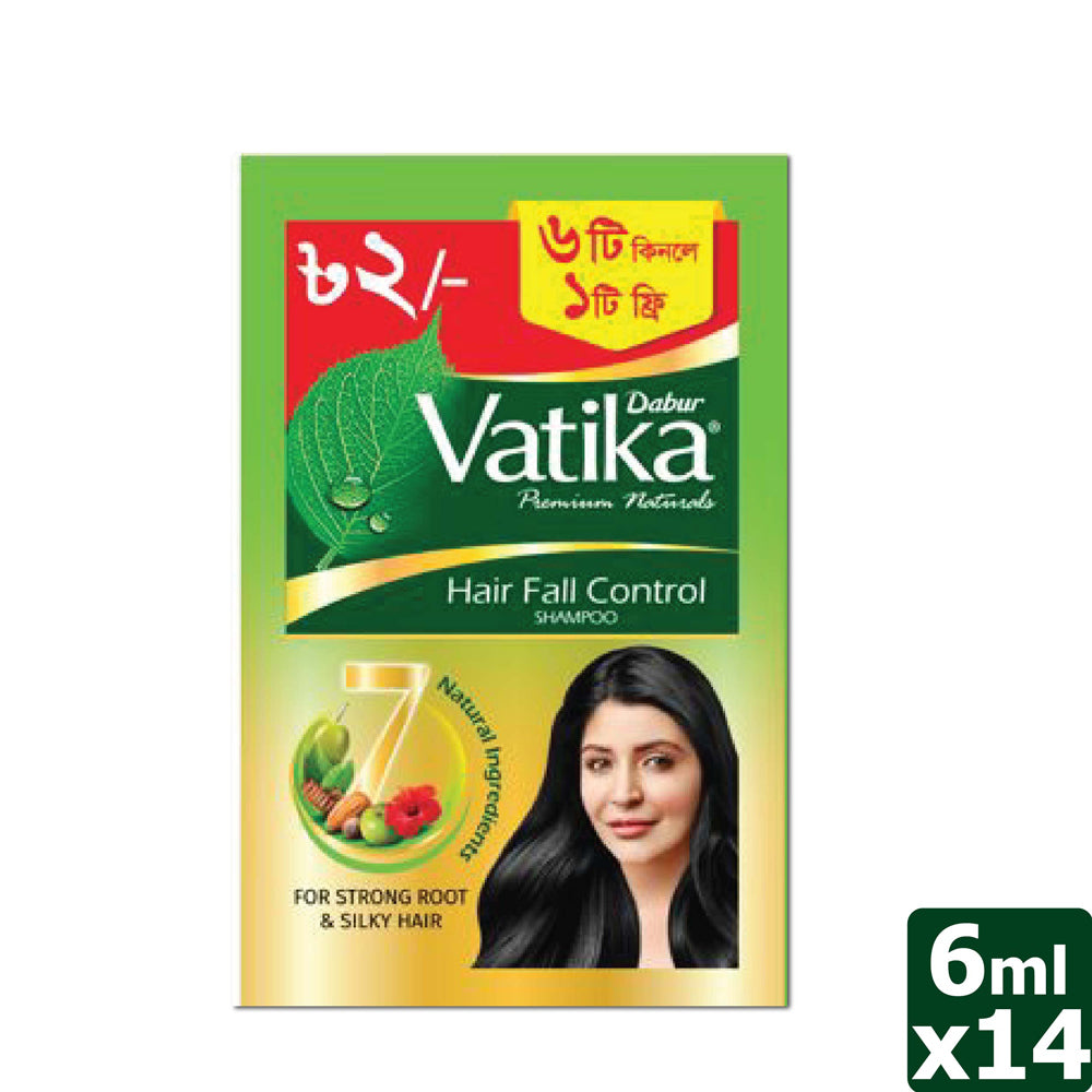 Dabur Vatika Hair Fall Control Shampoo Sachet - 6ml (Pack of 12) - Get 2 pcs Free